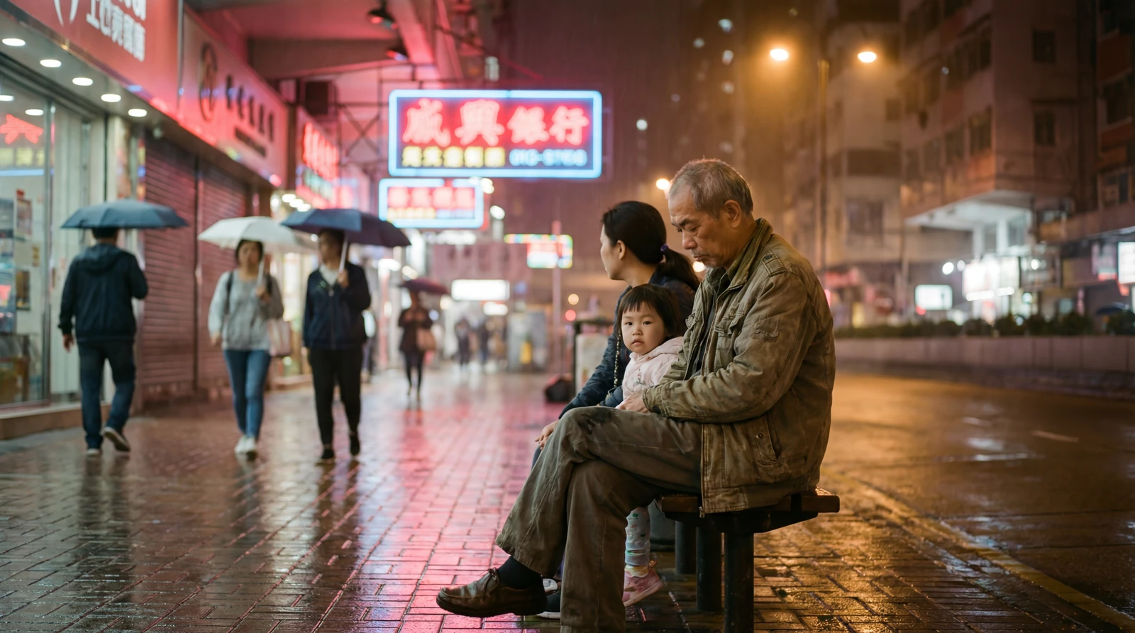 홍콩의 밤, 네온 아래 홀로 앉은 노인