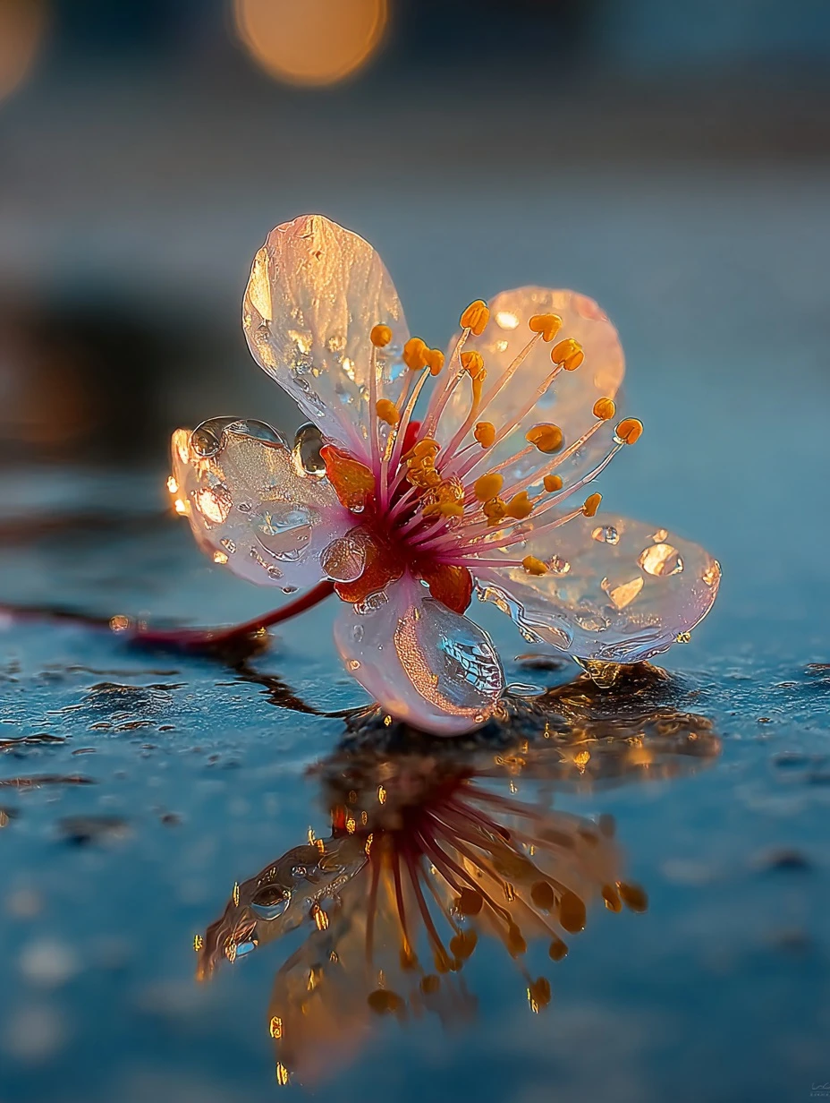 비가 그친 아침, 웅덩이 위에 떠 있는 벚꽃잎 (2)
